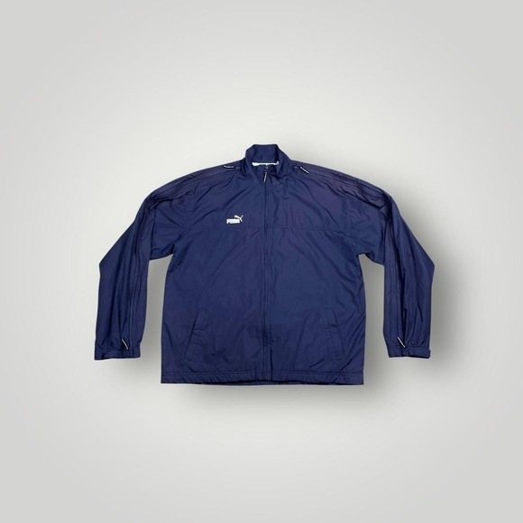 Puma Jacket Mens Small Navy Track Windbreaker Mesh Lined Full Zip Sleeve Vents - Picture 1 of 11